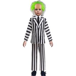 Kids Beetle Ghost Movie Cosplay Costume Black and White Stripe Jacket Shirt Pant Set Boys Halloween Suit with Wig (130(Height:47-51Inch))
