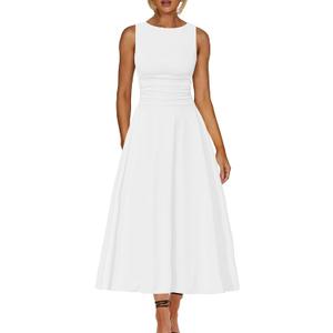 Kaximil Women's Boat Neck Sleeveless A Line Maxi Dress Ruffle Flowy Casual Long Dresses (White) S