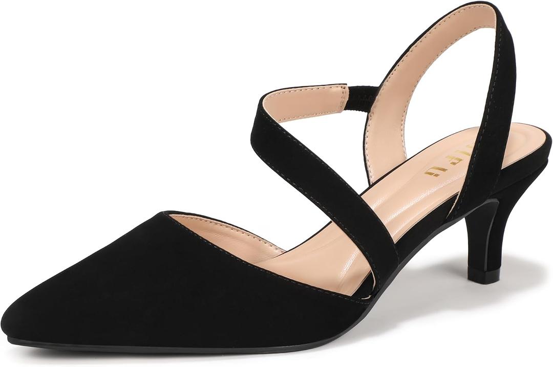 IDIFU IN2 Black Women's Closed Toe Heels Pointed Toe Kitten Low Pumps Slingback Strappy Dress Shoes for Women Work Office Party Prom Dressy Comfortable Formal Short Pumps Shoes(Black Nubuck, 11)