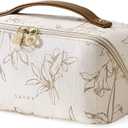 EACHY Travel Makeup Bag, Large Capacity Cosmetic Bags for Women, Waterproof Portable Pouch Open Flat Toiletry Bag Pattern Make up Bag (F-Beige) (Medium)