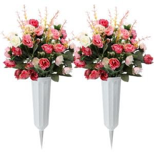Thiccywoov 2 Set Artificial Pink Rose Cemetery Flowers with Vase for Grave Pink Silk Rose Bouquet Graveyard Memorial Flowers for Headstones Cemetery Decor