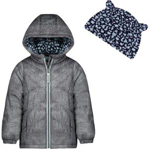 LONDON FOG Baby Girl's Hooded Puffer Winter Jacket with Stars & Moons Pattern & Matching Beanie (4T, Grey)