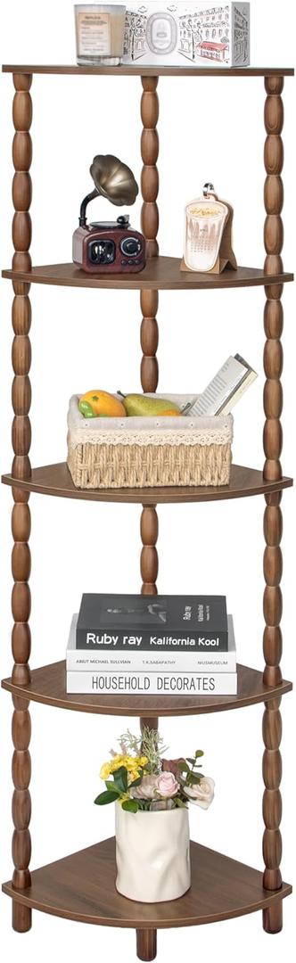 MaxSmeo Corner Shelf, 5-Tier Corner Bookshelf for Small Spaces, Vintage Corner Storage Display Shelves for Bedroom, Bathroom, Kitchen, Living Room (Walnut Brown)
