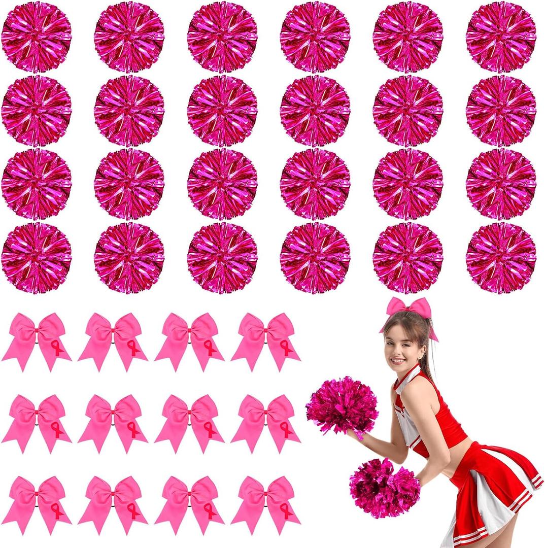 Retrowavy 36 Pcs 12 Inch Cheerleader Poms and Large Cheer Hair Bow for Girl, Poms with Handle for Breast Cancer Procession Halloween Softball Dance