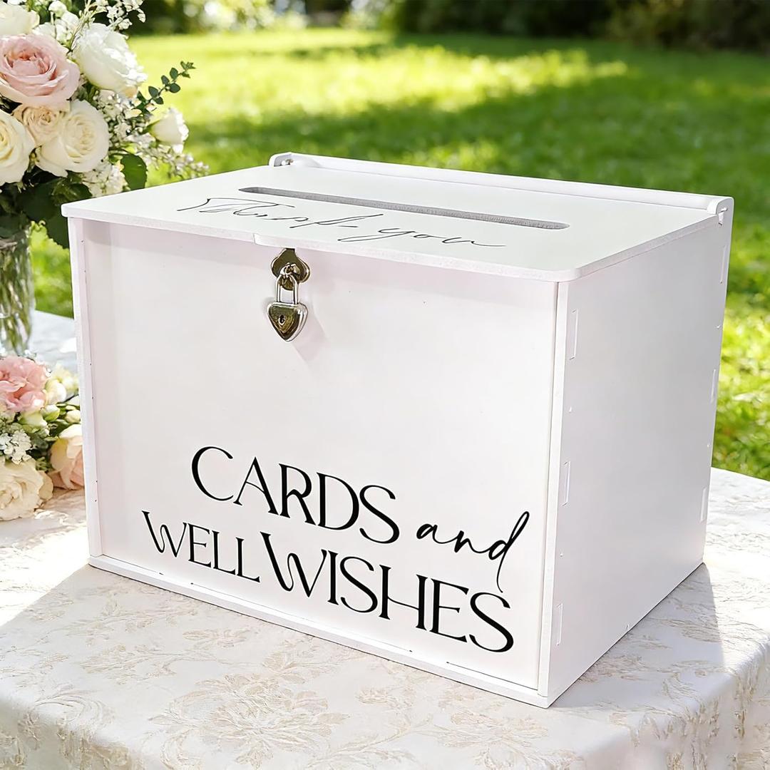 Large Wedding Card Box with Lock & Slot, Elegant White Wedding Card Boxes for Reception Money Gift Envelope Cards, DIY Gift Cards Box for Party Engagement Baby Bridal Shower Table Decor