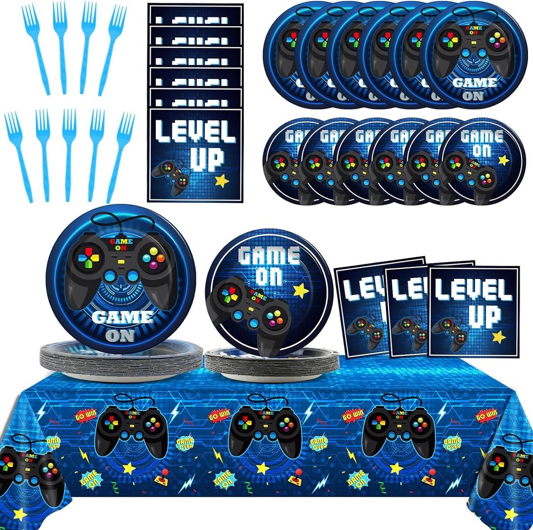 Video Game Party Supplies Tableware Set for 24 Guests Gaming Party Birthday Plates Blue Gamer Party Decorations Includes Plates, Napkins, Tablecloths