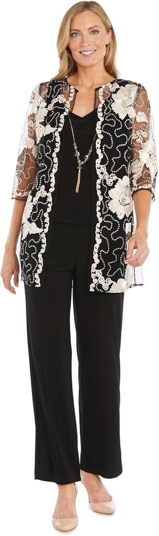 R&M Richards Women's 3-Piece Sequin Soutache Cardigan Pantsuit Set W/Necklace - Includes Tank Top & Wide Leg Pull-On Pants, 12, Champagne/Black