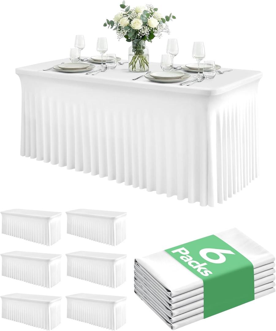 6 Pack Spandex Table Cover Skirts for 6ft Rectangle Tables, White Stretch Table Cloths with Floor-Length Ruffle, Elastic Fitted Skirted Tablecloth for Elegant Wedding Banquet Party Buffet Decoration