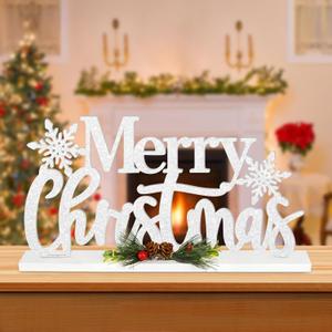 Wooden Christmas Decoration Merry Christmas Tabletop Decor, Snowflake Glitter Shining Xmas Table Sign, Farmhouse Rustic Winter Centerpiece for Home Kitchen Bedroom Tiered Tray Mantel Decor