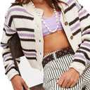 Fall Trendy Color Block Striped Cropped Open Front Cardigan for Women Casual Knit Button Down Sweater Jacket (X-Large, Purple)