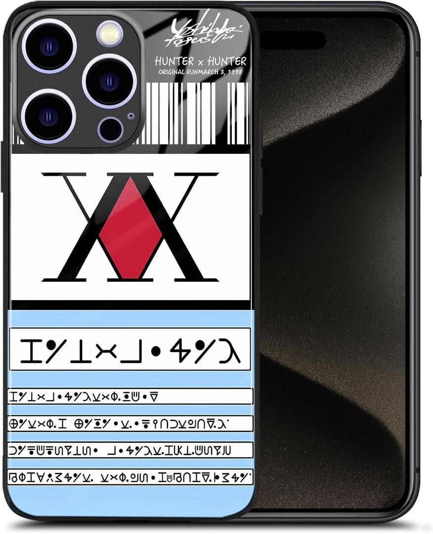 Hunter HxH License Anime Glossy Glass Phone Case for iPhone 14 Pro Max, Cool Manga Art Silicone Black Frame Protective Cover (HOS#678)