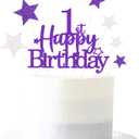 3 x Glittery 1st Happy Birthday Cake Topper with Star,Personalised 1 Birthday Cake Toppers Party Decorations Party Supplies for Baby Boys Girls Purple Silver
