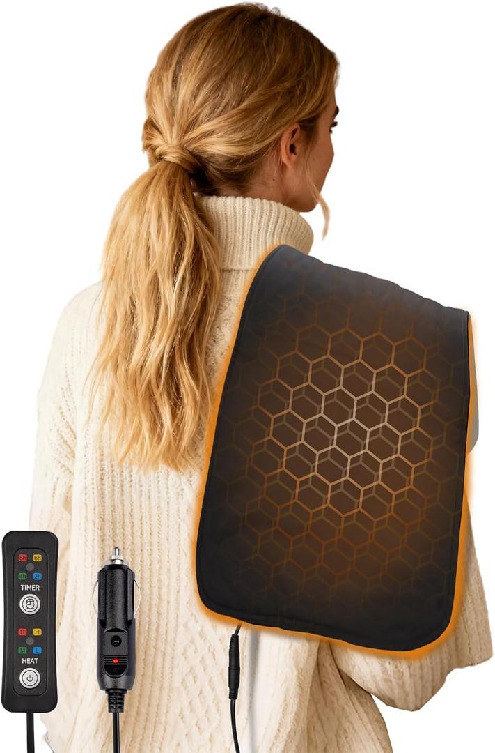 12V Car Heating Blanket 4 Heat and 4 Timer Settings 23" x 11"Portable Mini Travel Electric Blanket for Back Neck Shoulder Abdominal Pain Relief for Car SUV MPV