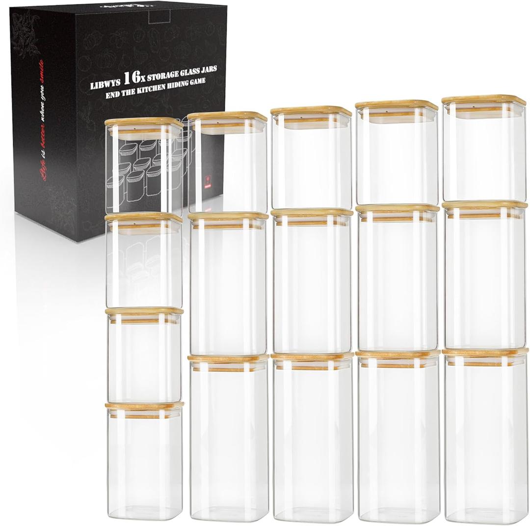 LIBWYS 16-Pack Square Glass Storage Jars with Bamboo Lids (0.6Qt/1.06Qt)
Stackable Dry Food Containers for Pantry Organization, Coffee, Flour, Snacks, Tea, Pasta, Spaghetti | Kitchen Canisters Set