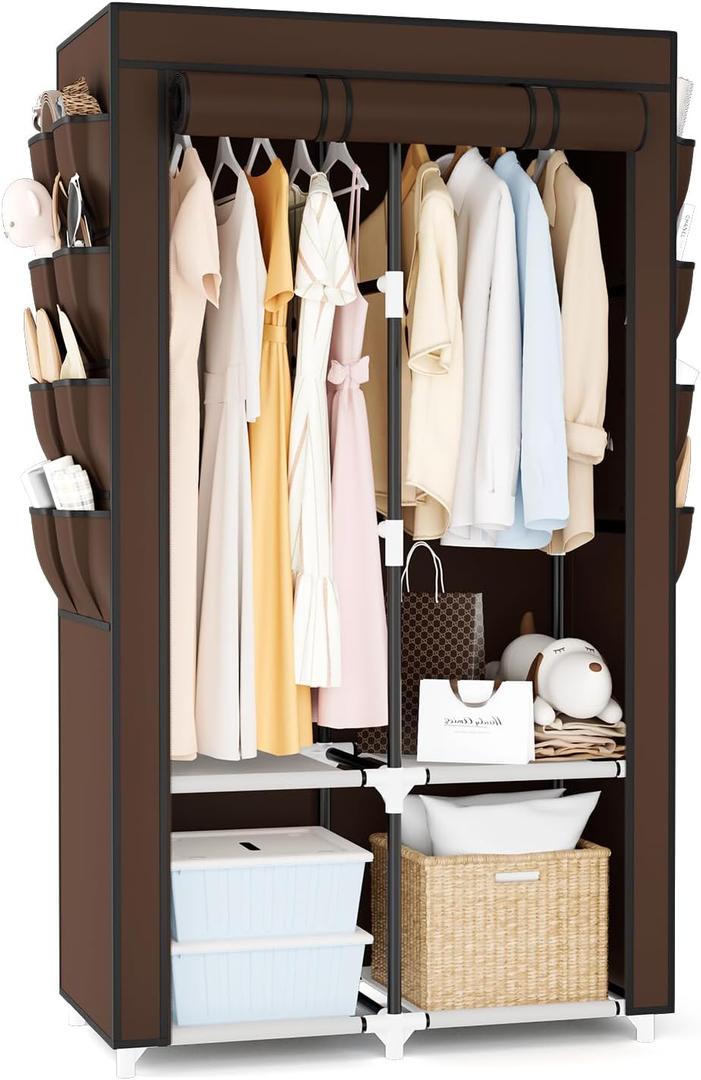 Portable Closet for Hanging Clothes, Portable Wardrobe Closet with Cover, 4 Storage Shelves, 2 Hanging Rods and 8 Side Pockets Easy Assembly and Sturdy Free Standing Closet for Bedroom Brown