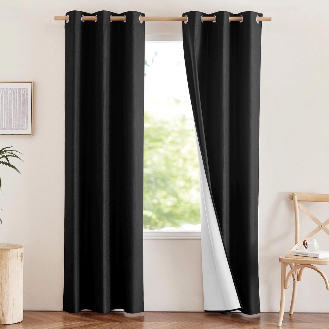 NICETOWN Vintage Open Linen Weave Flax Thermal Curtains, 100% Blackout Curtains 90 inches Long for Dining Room, Soundproof Window Treatment Drapes for Hall Room, Black, 34" Wide Per Panel, Set of 2