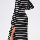 Saodimallsu Womens Striped Sweater Dress Fall Chunky Knit V Neck Collared Long Sleeve Sexy Slit Loose Midi Dresses (Black)