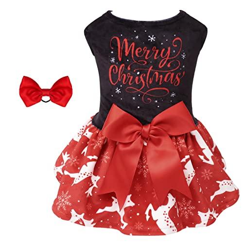 CuteBone Merry Christmas Dog Dress Velvet for Small Dogs Girl Reindeer Puppy Dresses Red Dog Clothes CVA04M-D