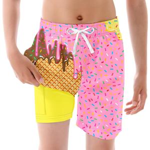 westwolf Boys Swim Trunks with Compression Liner Kids Bathing Suit 6-18 Years Swimwear (C1 Pink Yellow)