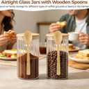 2 Pcs Glass Storage Jars, Airtight Food Canister Set with Wooden Lid, Spoons, and Striped Design, Stackable Coffee Sugar Containers for Tea, Beans, Dry Goods, 3.35 x 3.35 x 5.91 in, Medium