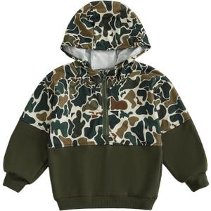 Toddler Baby Boy Girl Camo Hoodie Half Zip Pullover Sweatshirt Kids Long Sleeve Fall Shirts for Fishing Hiking (Green)