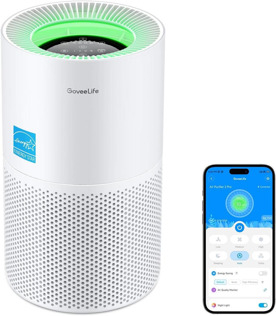 GoveeLife Smart Air Purifier for Homes and Large Rooms with Detachable Pre-filter, Covers up to 1162ft, HEPA Sleep Mode, App & Alexa Control for Pet Hair, Pollen, Dust, and Smoke