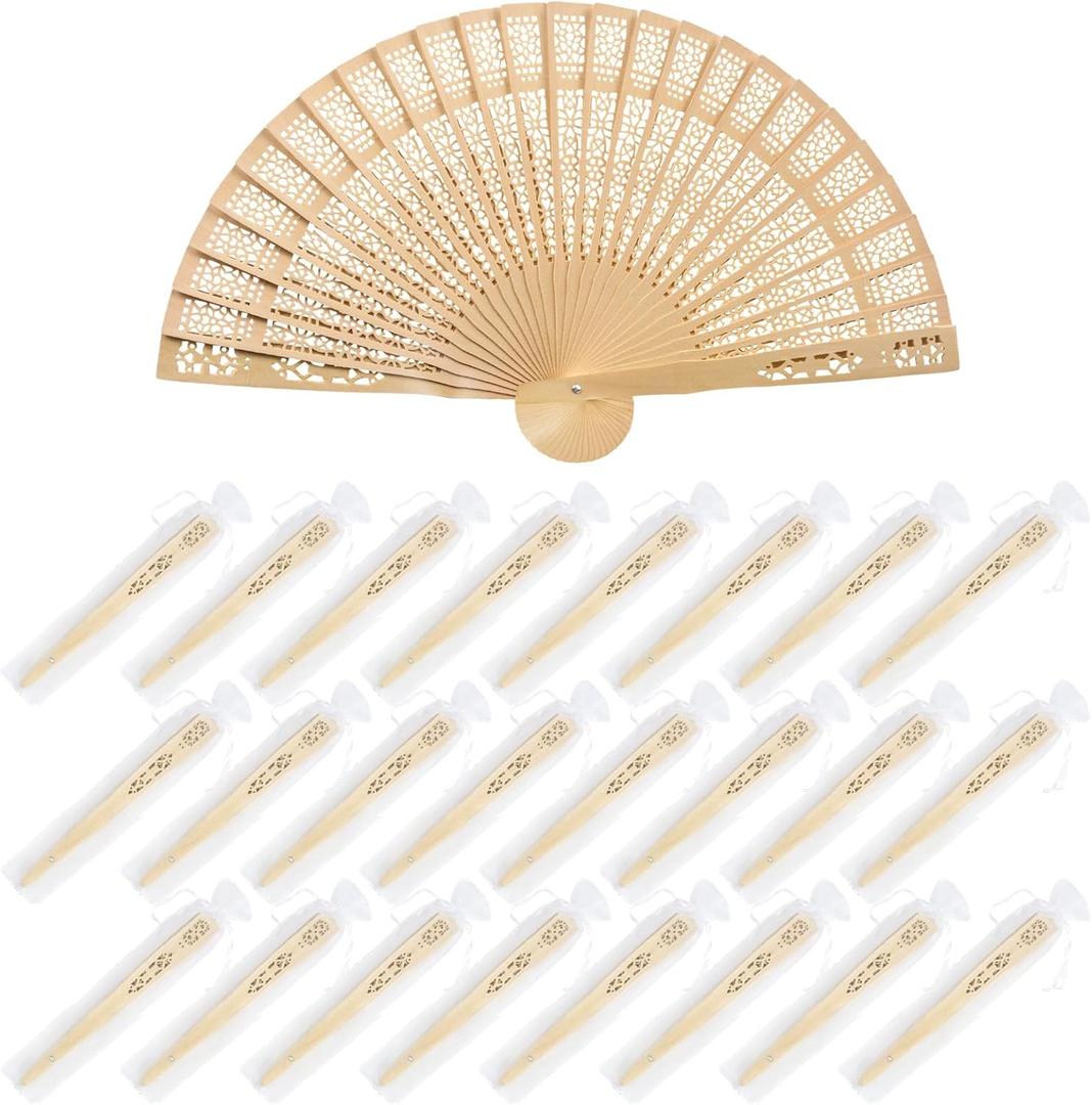 WYTAOHZL 24PCS Wooden Hand Fans 8Inch Handheld Folding Fans Wooden Fan with Bags Decorative Handheld Fan for Weddings Party Baby Shower