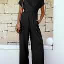 Happy Sailed Women Jumpsuits Dressy Short Sleeve Front Crisscross Tie Waist Belted Wide Leg Pant Romper with Pockets (Black, L)