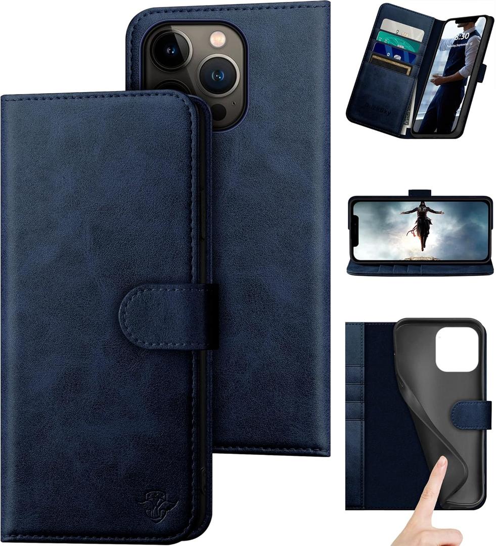 DuckSky for iPhone 14 Pro Max 6.7"Genuine Leather Wallet caseRFID Blocking4 Credit Card HolderReal LeatherFlip Folio Book Protective Cover Women Men for Apple 14 ProMax 5G Phone case Dark Blue