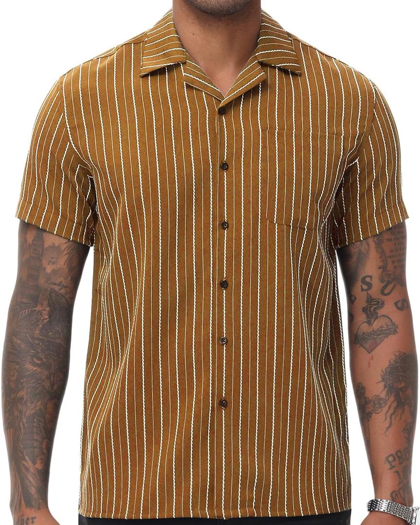 TUNEVUSE Men Hawaiian Shirt Vintage Striped Shirt Short Sleeve Summer Beach Causal Cuban Collar Shirt with Pocket (Brown, XXXL)