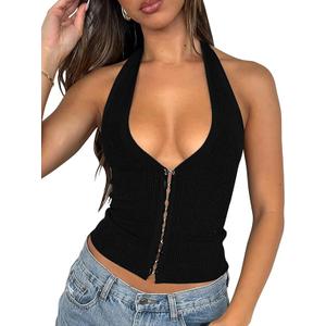 Fallorchid Womens Sleeveless Tank Tops Sexy Y2k Halter V Neck Ribbed Kint Crop Top S