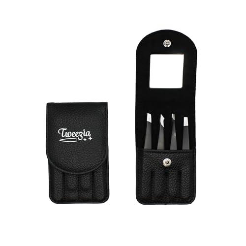 TWEEZIA Stainless Steel Tweezer Set - 4 Precision Tweezers with Mirror & Leather Case - Ideal Eyebrow Kit, Ingrown Hair Tweezers, Splinter Removal Kit or Pointed Tweezers for Beauty and Personal Care