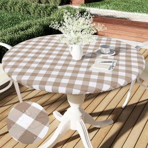 Smiry Round Picnic Table Cloth, Elastic Waterproof Fitted Vinyl Tablecloth for 36"-44" Tables, Flannel Backed Buffalo Plaid Table Covers for Dining, Camping, Outdoor, White and Khaki