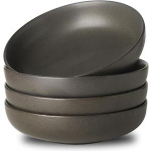 Stoneware Pasta Bowls, 34 oz Large Salad Bowl Set of 4, Ceramic Serving Bowls for Ramen, Pasta, Fruit, Cereal, Dinner, Wide and Shallow Bowls, Microwave & Dishwasher Safe, Matte Black