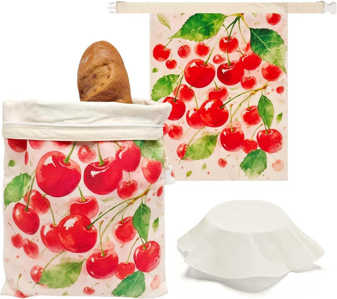 Beeswax Bread Bags for Sourdough 2 Pack 13"x17" Eco-Friendly Reusable Linen Cotton Storage Bags with Zipper Closure for Homemade Bread Fresh-Keeping, Freezer-Safe (Cherries)