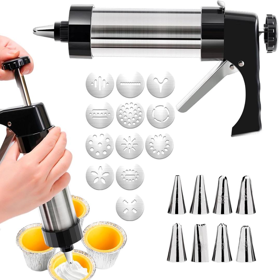 Cookie Press Gun Kit Stainless Steel Spritz Cookie Press for Baking Icing Gun with 13 Cookies Discs and 8 Piping Tips for DIY Biscuit Maker, Cake Icing Decoration (COLOR:silver)