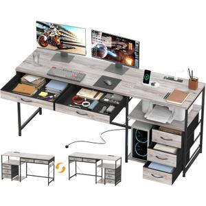 YOSHOOT 60" Computer Desk with 5 Fabric Drawers - Gaming Desk with Storage and Power Outlets, Home Office Desk for Adults and Teenagers Working Writing Study, Grey