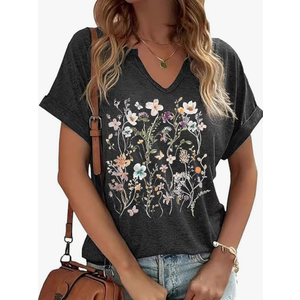 Vintage Flowers V Neck Shirt for Women Boho Floral Wildflowers Graphic Tee Casual Cottagecore Summer T Shirt, XL