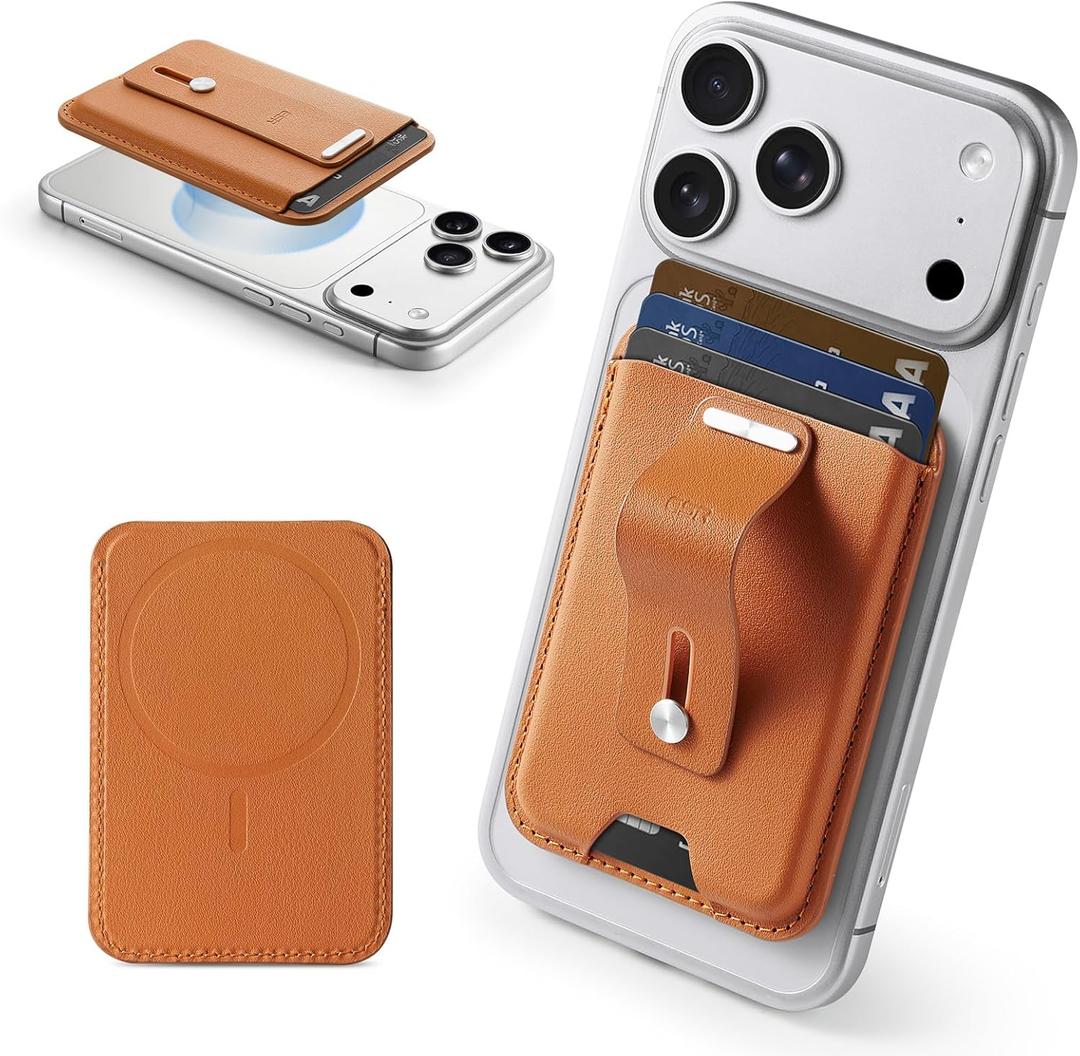 ESR for MagSafe Wallet, 3-Card Holder, Magnetic Wallet for iPhone,Vegan Leather, Secure-Grip Finger Loop, for iPhone 17/16/15/14/13/12 Series, Not for 13/12 Mini, Brown