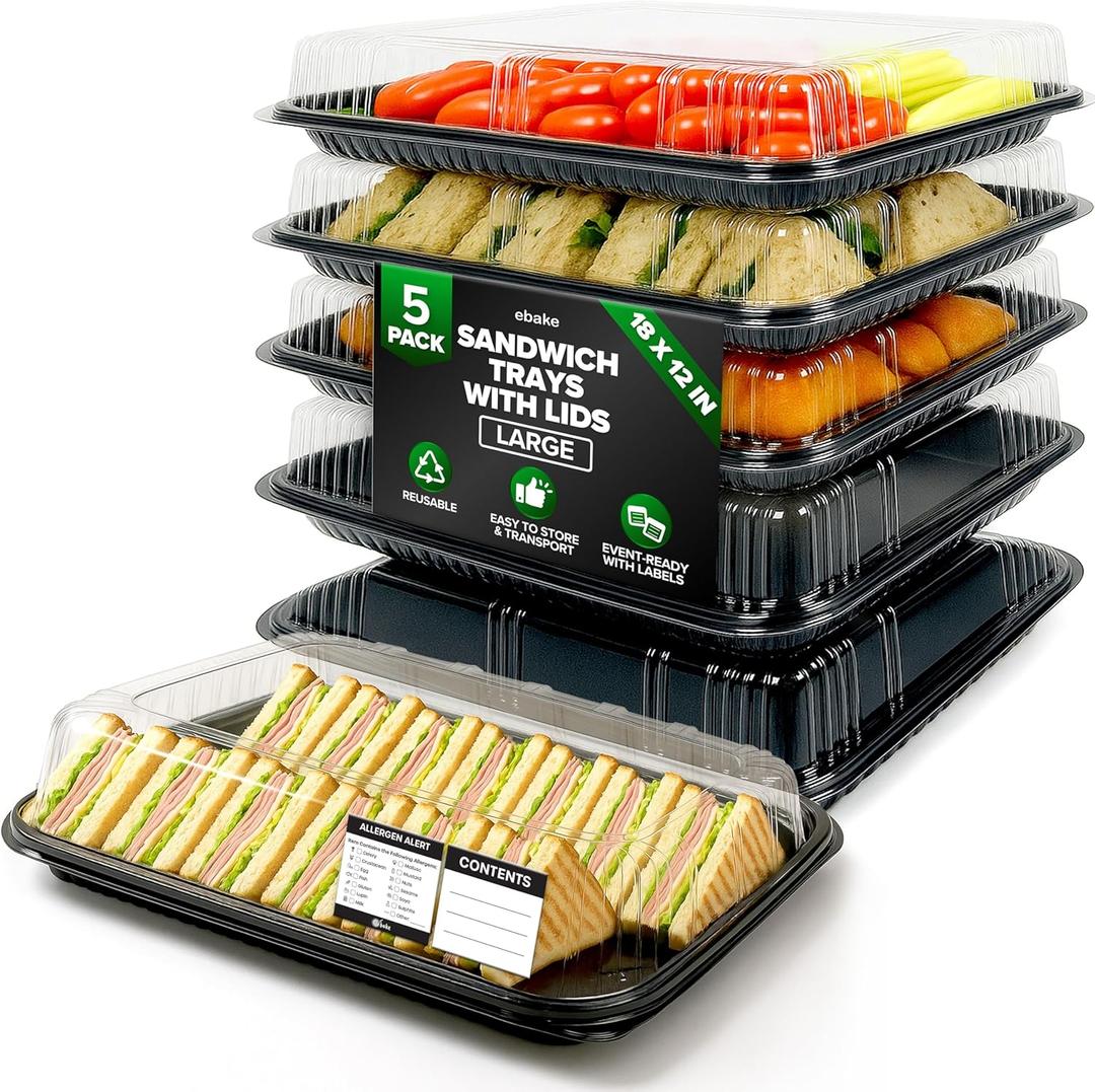 5 Pack Catering Trays with Lids 17" Serving Tray with Lid, Heavy Duty Recyclable Plastic Party Platters for Catering, Buffet, Picnics & Events Food Trays with Clear Lid (17.72 x 12.20 x 2.95 inch)