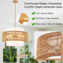 23.6" Boho Rattan Chandelier, 6-Light Large Rattan Pendant Light with Fabric Lampshade, Hand Woven Rattan Light Fixtures Farmhouse Boho Chandeliers for Dining Room, Living Room, Kitchen Island, Foyer