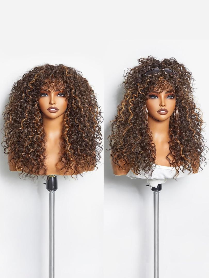 GORGIUS Highlight Brown Curly Wig with Bangs Glueless Synthetic Bang Wigs with Realistic Scalp Put On ang Go Beginner Friendly 20 Inch (#M427 Brown Highlights | Shaggy Curls)