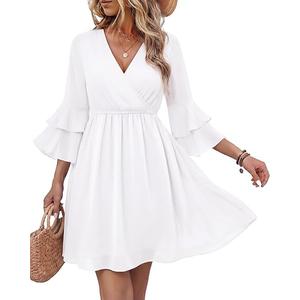 Bebonnie Womens 3/4 Ruffle Sleeve Spring Summer Casual V Neck Flowy Chiffon Layers Dresses, Medium