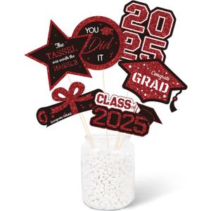 2 x Gexolenu 30 PCS Glitter Black and Red Double-Sided Graduation Centerpieces for Tables, 2025 Graduation Table Toppers Party Centerpiece Sticks Party Supplies, Set of 5