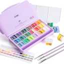 HIMI Twin Cup Jelly Gouache Paint Set with 3 Paint Brushes, 36 Colors 12g, Jelly Cup Design, Non Toxic Paint for Canvas and Paper, Art Supplies for Professionals (Purple Case)