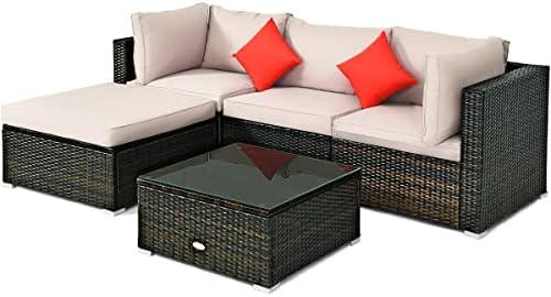 5-Piece Outdoor Patio Furniture Set, Glass Top Coffee Table and Lounge Sofa with Cushions, PE Rattan Conversation Set for Garden, Deck, Backyard (Beige)
