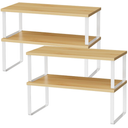 OGEMXU Cabinet Shelf Organizers, 15.7 inches Large Kitchen Counter Shelf, Set of 4 Wood Kitchen Pantry Organizer, Storage Shelves for Countertop, Spice Rack, Stackable, Expandable, Metal White, Nature
