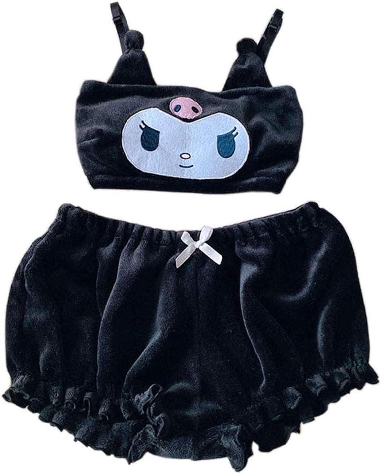 BZB Kawaii Anime Cute Pajamas Set for Women Sweet Lovely Velvet Tube Top and Shorts Two Piece Cartoon Sleepwear Sets (XX-Large, Black)