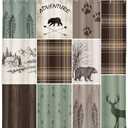 Cabin Retro Rustic Lodge Shower Curtain, Bear Deer Country Hunting Wild Animal Fabric Shower Curtains, Plaid Check Adventure Bathroom Curtain Liner with Hooks (47x64) (Green Brown)