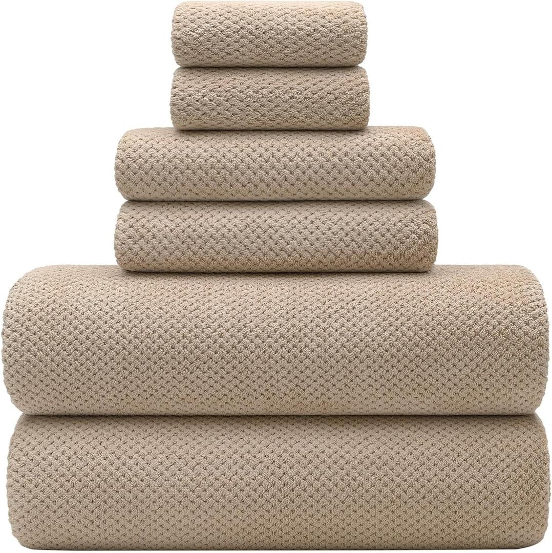 YTYC 29x59 Inch Bath Towels Set of 6 Large, Super Soft Absorbent Lint Free Microfiber Shower Towels for Bathroom 80% Polyester (Beige,6 Piece)
